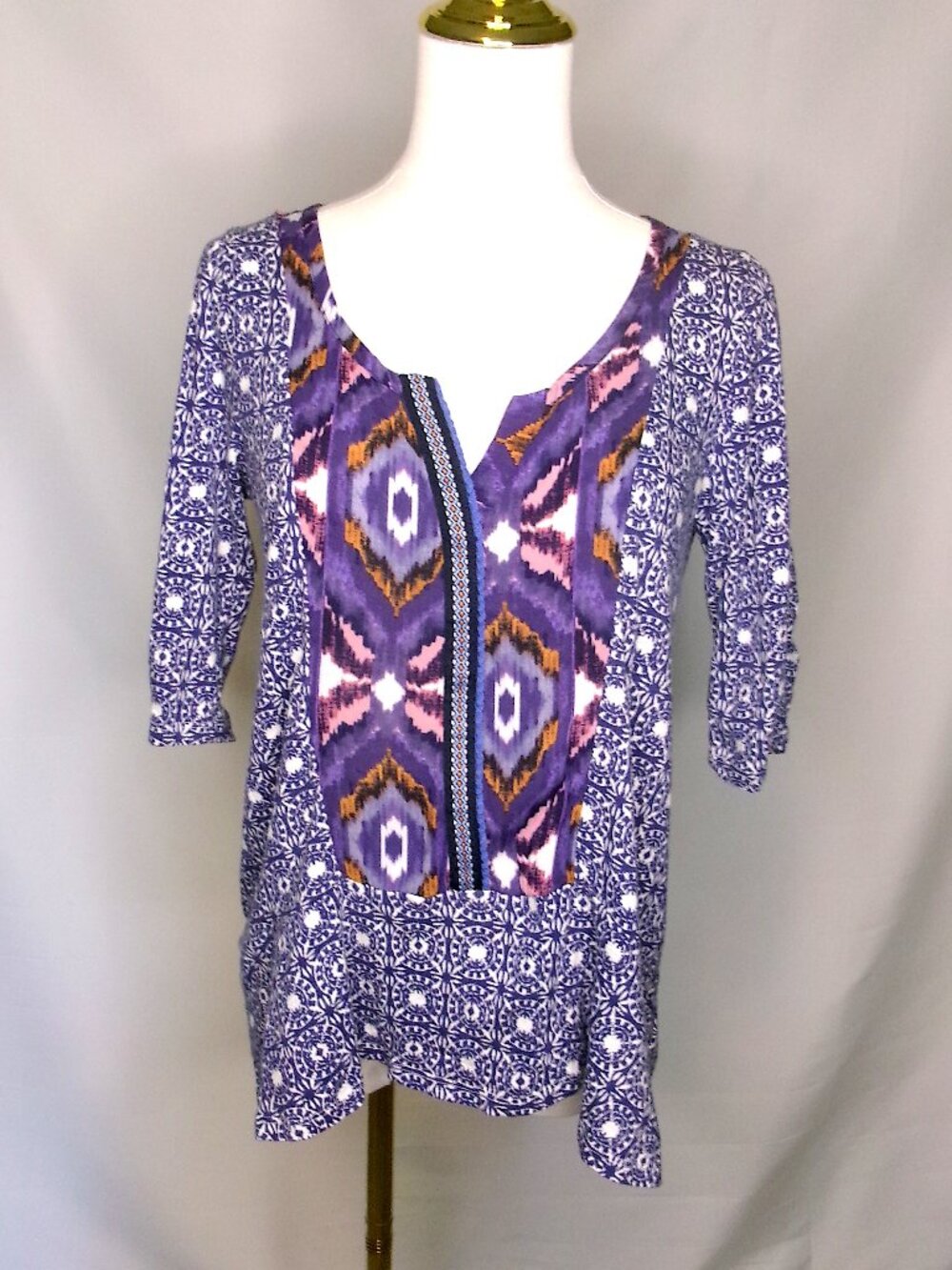 Anthropologie Akemi + Kin Boho Tunic Top Small Purple Ikat Mixed Print Peasant